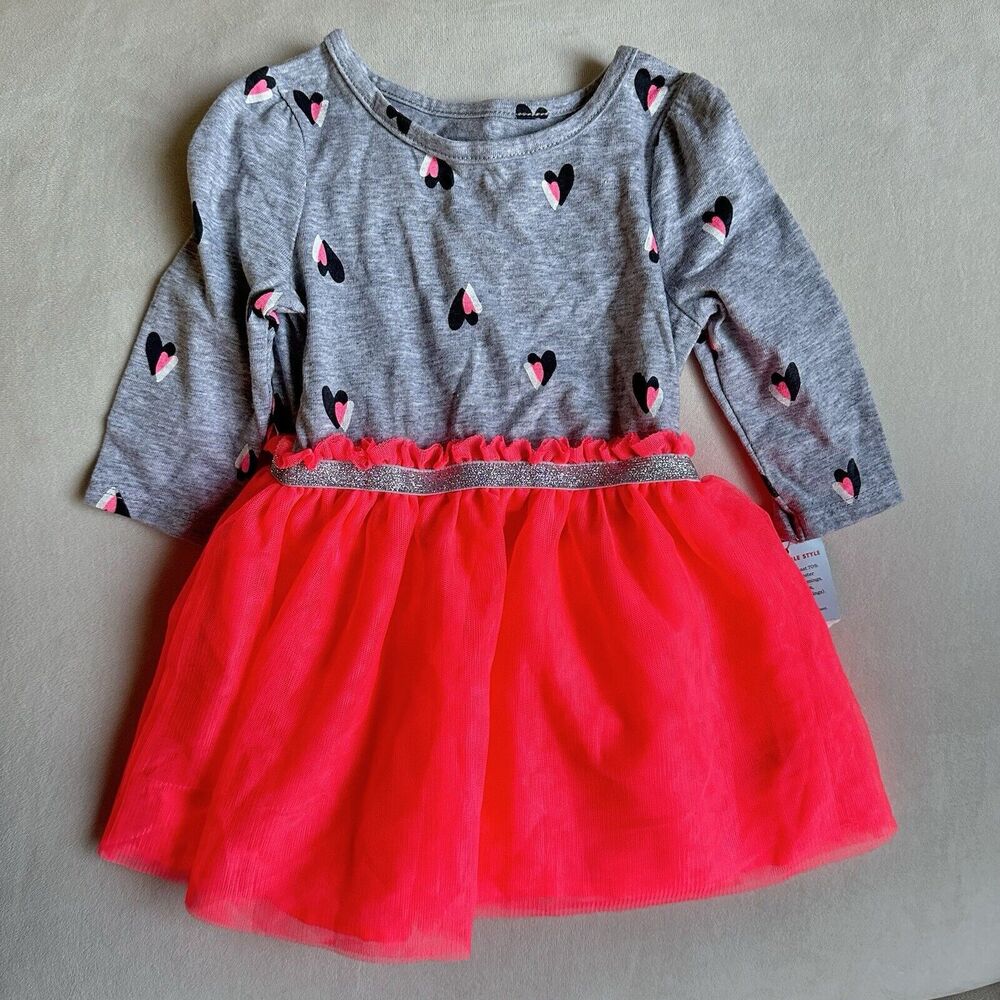 Cat & Jack Gray & Pink Toddler Heart Long Sleeve Tee & Tulle Dress - Size 18M
